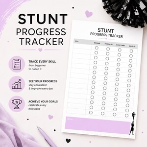 Può includere: Un foglio bianco per il monitoraggio dei progressi nelle acrobazie con testo nero e una sezione note viola. La tabella include colonne per abilità, principiante, in corso, quasi fatto e completato. Presenta icone di grafici e trofei.