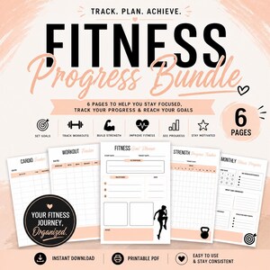 Könnte beinhalten: Ein sechsteiliges Fitness-Fortschrittspaket mit Zielplaner, Trainingstagebuch, Cardio-Tracker, Kraft-Tracker und monatlichem Fortschrittsblatt. Die Seiten sind weiß mit pfirsichfarbenen Akzenten, schwarzem Text und verschiedenen Symbolen.