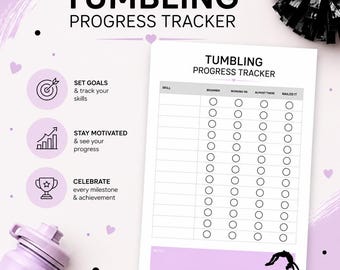 May include: A white paper tumbling progress tracker sheet with black text and a grid featuring columns for skill, beginner, working on, almost there, and nailed it. The bottom includes a purple notes section with a black silhouette of a gymnast.