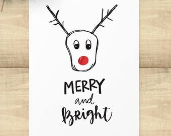 Rudolph Christmas Card Set: Merry and Bright, Hand-Drawn Reindeer (Pack of 10)