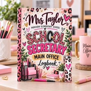 May include: A hardcover logbook with a pink and black leopard print border and heart accents. The cover features the text Mrs. Taylor, Parkview Elementary School, School Secretary, Main Office, Logbook in black and pink stylized lettering.