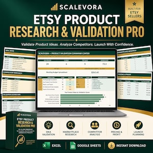 May include: A digital product dashboard titled Scalevora Etsy Product Research & Validation Pro displayed on a laptop screen, surrounded by floating data charts, tables, and a box labeled with the same title, featuring Excel and Google Sheets icons.