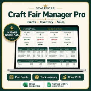 Könnte beinhalten: Ein digitales Dashboard mit dem Titel Scalevora Craft Fair Manager Pro auf einem Laptop-Bildschirm. Die Benutzeroberfläche enthält Bereiche zur Verfolgung von Veranstaltungen, Inventar und Verkäufen sowie Tabellen zur Leistungsübersicht und Fristen.