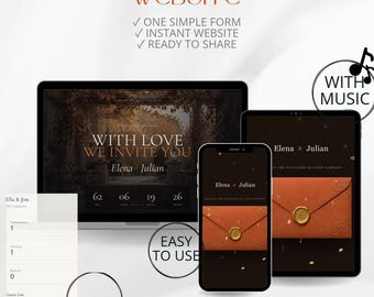 May include: A digital wedding website template displayed on a laptop, tablet, and smartphone. The screens show dark themes with gold text, wax-sealed envelopes, and countdown timers. Text includes CREATE YOUR WEDDING WEBSITE, WITH MUSIC, RSVP, and NO CODE.