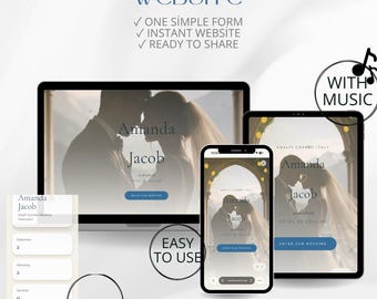 May include: A digital display showing a wedding website creation service. Text includes CREATE YOUR WEDDING WEBSITE, ONE SIMPLE FORM, INSTANT WEBSITE, READY TO SHARE, WITH MUSIC, EASY TO USE, RSVP, INSTANT WEBSITE, GOOGLE MAPS, MOBILE FRIENDLY, and NO CODE.