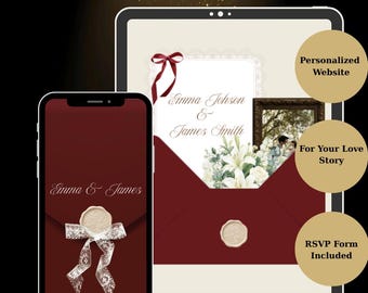 May include: A digital display showing a personalized wedding website template on a tablet and smartphone. The design features a deep red envelope graphic, white floral accents, a wax seal, and lace ribbon. Text includes "Emma & James" and "Love Story Website."