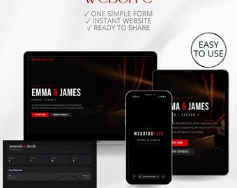 May include: A digital display showing a wedding website template on a laptop, tablet, and smartphone. The interface features dark backgrounds with red text, including the names Emma & James, RSVP buttons, and wedding schedule details. Text includes CREATE YOUR WEDDING WEBSITE, ONE SIMPLE FORM, INSTANT WEBSITE, READY TO SHARE, and EASY TO USE.