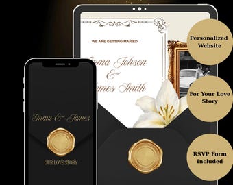 May include: A digital wedding website template displayed on a smartphone and tablet screen. The design features a black envelope with a gold wax seal, white lily graphics, and text including LOVE STORY WEBSITE, Emma & James, and OUR LOVE STORY.