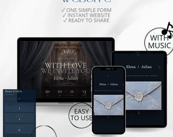 May include: A digital wedding website template displayed on a laptop, tablet, and smartphone. The screens show dark blue themes with text reading WITH LOVE WE INVITE YOU ELENA & JULIAN, RSVP forms, and envelope graphics. Includes text: CREATE YOUR WEDDING WEBSITE.