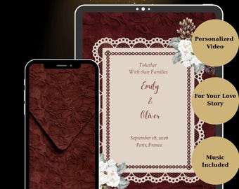May include: A digital wedding invitation displayed on a tablet and smartphone screen, featuring a deep burgundy lace background, a cream-colored center panel with white lace trim, floral accents, and text reading Emily & Oliver, September 18, 2026.