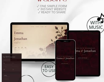 May include: A digital display showing a wedding website template on a laptop, tablet, and smartphone. The screens feature dark red rose graphics and the text Emma & Jonathan. Text overlays include CREATE YOUR WEDDING WEBSITE, WITH MUSIC, EASY TO USE, RSVP, INSTANT WEBSITE, GOOGLE MAPS, MOBILE FRIENDLY, and NO CODE.