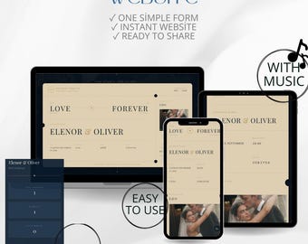 May include: A digital wedding website creation tool displayed on a laptop, tablet, and smartphone. The interface features a beige background with black text reading LOVE FOREVER and ELENOR & OLIVER. Includes icons for music, RSVP, maps, and mobile-friendly design.