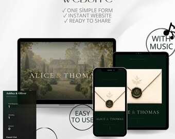 May include: A digital display showing a wedding website template on a laptop, tablet, and smartphone. The screens feature the text Alice & Thomas, an envelope with a wax seal, and an RSVP form. Text includes CREATE YOUR WEDDING WEBSITE, LIVE DEMO, WITH MUSIC, EASY TO USE, RSVP, INSTANT WEBSITE, GOOGLE MAPS, MOBILE FRIENDLY, and NO CODE.