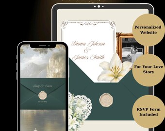 May include: A digital display showing a wedding website template on a tablet and smartphone. The design features a dark green envelope graphic with a wax seal, white lily illustrations, and text reading Emma Johson & James Smith and Emily & Oliver.