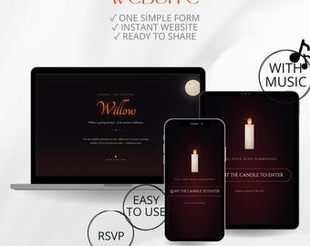 May include: A digital display showing a website creation service for a bride-to-be, featuring a laptop, tablet, and smartphone with dark, candle-themed interfaces. Text includes CREATE YOUR BRIDE TO BE WEBSITE, WITH MUSIC, EASY TO USE, RSVP, and NO CODE.