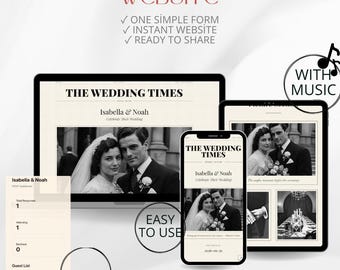 May include: A digital template for a wedding website titled The Wedding Times, featuring black and white photos of a couple. The layout includes sections for RSVP, guest lists, and music, with text stating Create Your Wedding Website, Instant Website, and No Code.