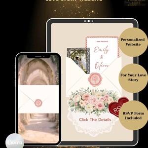 May include: A digital wedding invitation template displayed on a tablet and smartphone screen. The design features a white envelope with a pink wax seal, a floral arrangement of pink and white roses, and text reading Save The Date Emily & Oliver.