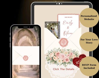 May include: A digital wedding invitation template displayed on a tablet and smartphone screen. The design features a white envelope with a pink wax seal, a floral arrangement of pink and white roses, and text reading Save The Date Emily & Oliver.