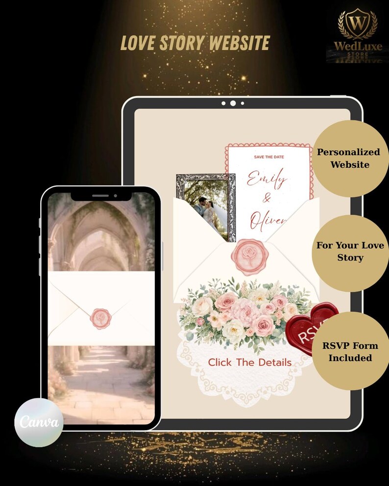 May include: A digital wedding invitation template displayed on a tablet and smartphone screen. The design features a white envelope with a pink wax seal, a floral arrangement of pink and white roses, and text reading Save The Date Emily & Oliver.