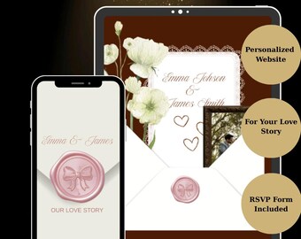 May include: A digital display showing a personalized wedding website template on a tablet and smartphone. The design features white flowers, a pink wax seal with a bow, and the text Emma & James, Our Love Story, and Emma Johson & James Smith.