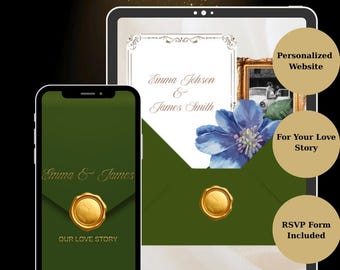 May include: A smartphone and a tablet displaying a digital wedding website template. The design features a dark green envelope graphic with a gold wax seal, the text Emma & James, and a white invitation card with a blue flower illustration.
