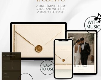 May include: A digital wedding website template displayed on a laptop, tablet, and smartphone. The screens show an envelope with a wax seal, a photo of a couple, and an RSVP form. Text includes CREATE YOUR WEDDING WEBSITE, LIVE DEMO, WITH MUSIC, and NO CODE.