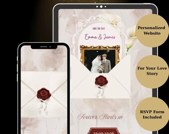 May include: A digital wedding website template displayed on a tablet and smartphone. The design features a cream floral background, a photo of a couple in a gold frame, a red wax seal on an envelope, and a countdown timer reading 39:09:19:06.