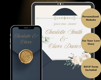 May include: A digital wedding invitation display on a tablet and smartphone featuring the text LOVE STORY WEBSITE, You've been Invited, Charlotte Smith & Oliver Davies, and Personalized Website, For Your Love Story, RSVP Form Included.