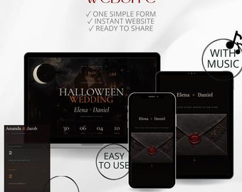 May include: A digital wedding website template displayed on a laptop, tablet, and smartphone. The dark-themed interface features Halloween-inspired graphics, including a moon, wax-sealed envelopes, and the text "Halloween Wedding Elena & Daniel."
