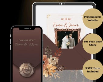 May include: A digital display of a wedding website template on a tablet and smartphone. The screen shows a save the date card with a photo of a couple, floral illustrations, and the text Emma & James, Our Love Story, and RSVP Form Included.
