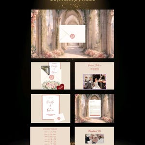 May include: A digital wedding invitation suite template titled CONTENTS PAGES featuring a series of cards with floral accents, wax seals, a countdown timer, a wedding timeline, and contact information displayed against a stone archway background.
