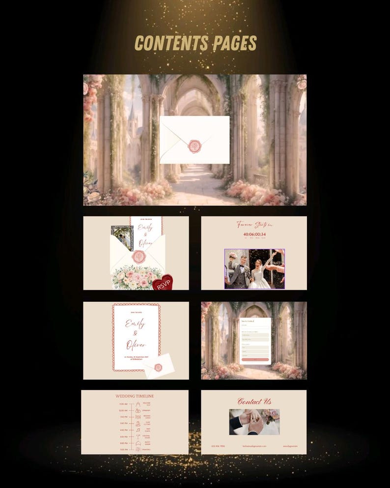 May include: A digital wedding invitation suite template titled CONTENTS PAGES featuring a series of cards with floral accents, wax seals, a countdown timer, a wedding timeline, and contact information displayed against a stone archway background.