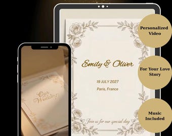 May include: A digital wedding invitation template displayed on a tablet and smartphone screen, featuring gold floral borders, the text "Emily & Oliver", "19 JULY 2027", "Paris, France", "Our Wedding", and "Join us for our special day" with gold accents.