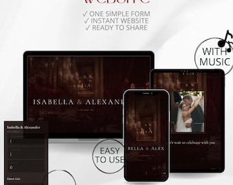 May include: A digital display showing a wedding website template on a laptop, tablet, and smartphone. The screens feature dark themes with the text Isabella & Alexander, Bella & Alex, RSVP, and features like instant website, Google Maps, and no code.