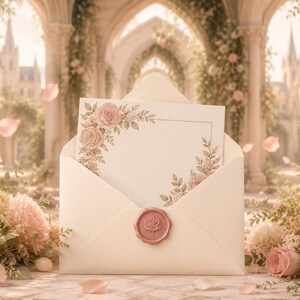 May include: A cream-colored envelope containing a rectangular card with a floral border of pink roses and green leaves. The envelope is sealed with a circular pink wax seal featuring a rose design, surrounded by soft pink rose blossoms and petals.