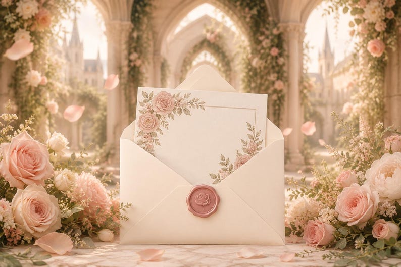 May include: A cream-colored envelope containing a rectangular card with a floral border of pink roses and green leaves. The envelope is sealed with a circular pink wax seal featuring a rose design, surrounded by soft pink rose blossoms and petals.