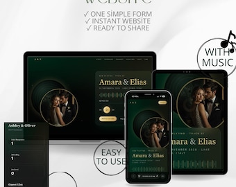 May include: A digital wedding website template displayed on a laptop, tablet, and smartphone. The dark green interface features gold text, a circular photo of a couple, and music player elements. Text includes CREATE YOUR WEDDING WEBSITE, WITH MUSIC, and RSVP.