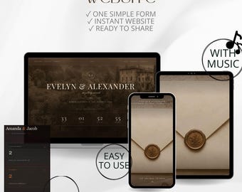 May include: A digital wedding website template displayed on a laptop, tablet, and smartphone. The screens show dark, elegant designs with text reading "Evelyn & Alexander" and "Amanda & Jacob," featuring RSVP forms and wax seal graphics. Includes music and map icons.