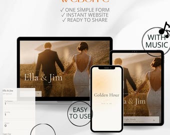 May include: A digital display showing a wedding website template on a laptop, tablet, and smartphone. The screens feature a couple in a field with the text Ella & Jim and Golden Hour. Text includes Create Your Wedding Website, RSVP, and With Music.