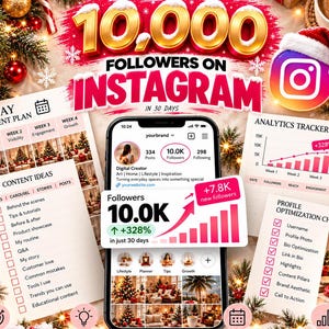 Puede incluir: Una guía de marketing digital con un plan de contenido de 30 días, rastreador de análisis y lista de verificación de optimización de perfil. El smartphone central muestra un perfil de Instagram con 10,000 seguidores y un crecimiento del 328%.