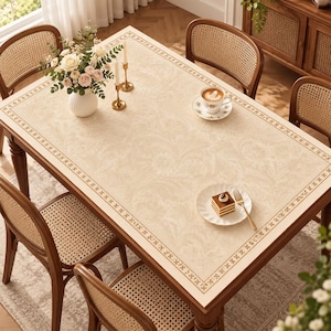 Könnte beinhalten: Ein rechteckiger Esstisch mit einer hellbeigen Tischdecke, die ein dezentes Blumenmuster und eine dekorative Bordüre aufweist. Der Tisch ist von vier Holzstühlen mit Rückenlehnen und Sitzflächen aus geflochtenem Rohrgeflecht umgeben.