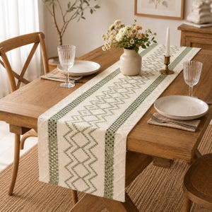 Può includere: Un runner da tavola color crema con un motivo geometrico a zigzag verde e bordi laterali testurizzati. Il runner è posizionato su un tavolo da pranzo in legno apparecchiato con piatti bianchi, bicchieri trasparenti, un vaso e una candela.