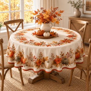 Peut inclure: Une nappe ronde à fond crème ornée d'un motif imprimé de feuilles d'automne, de baies et de citrouilles dans des tons orange, jaune et marron. Un pichet blanc rempli de feuillage d'automne repose sur un plateau avec trois petites citrouilles.