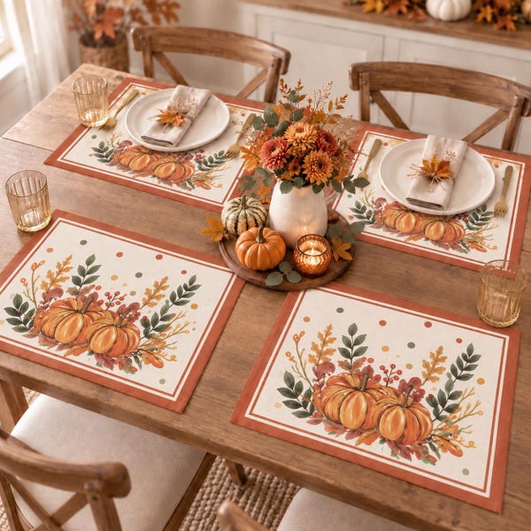 Autumn Placemats, Pumpkin Fall Table Mats, Thanksgiving Dining Decor, Rustic Farmhouse Kitchen Table Accents