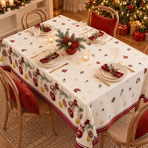 Puede incluir: Una mesa de comedor rectangular preparada para cuatro personas con un mantel color crema que presenta un estampado de adornos navideños rojos y dorados, ramas de pino y flores de pascua. Cada cubierto incluye un plato blanco, cubiertos dorados y una servilleta roja.
