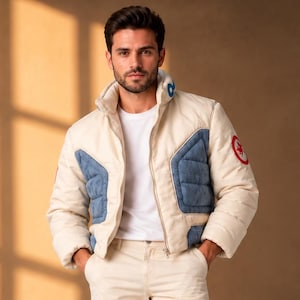 May include: A cream-colored puffer jacket with blue quilted chest panels and a red circular patch on the sleeve, worn over a plain white t-shirt and matching cream-colored trousers, paired with clean white sneakers for a coordinated ensemble.
