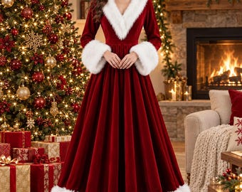 赤いベルベットのミセス・クロースドレス、フェイクファーのトリムが付いたサンタドレス、クリスマスのマキシガウンと帽子、ホリデーパーティーコスチューム、彼女へのギフト