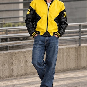X-Men Inspired Leather Jacket | Black Yellow Comic Book Biker Coat (Fan Design)