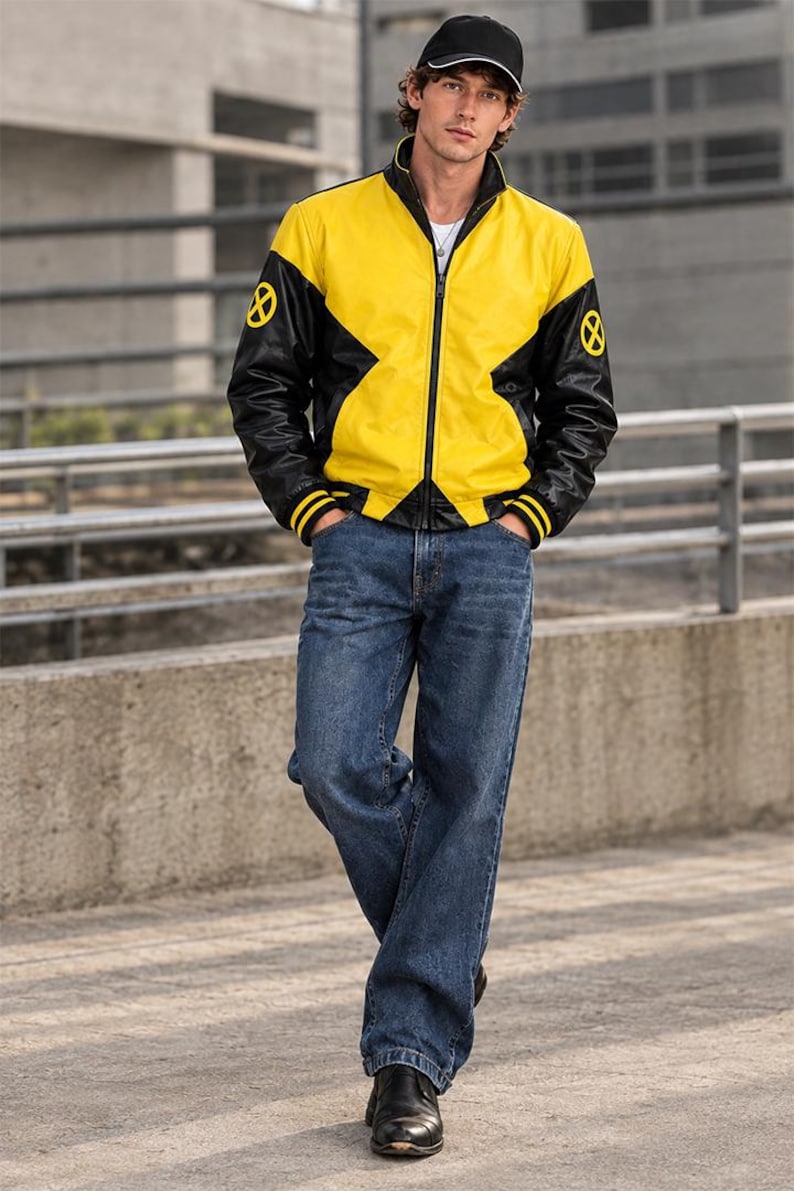 X-Men Inspired Leather Jacket | Black Yellow Comic Book Biker Coat (Fan Design)