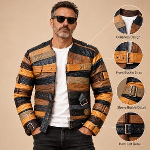 May include: A multi-colored leather jacket featuring horizontal stripes in shades of brown, black, and tan. The jacket includes a collarless design, a front buckle strap, sleeve buckle details, and a hem belt detail with metal hardware.